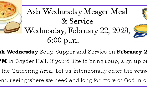 Ash Wednesday (Feb 22) Soup Supper & Service-2023