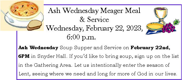 Ash Wednesday Feb. 22, 2023 Soup Supper at St. Andrews